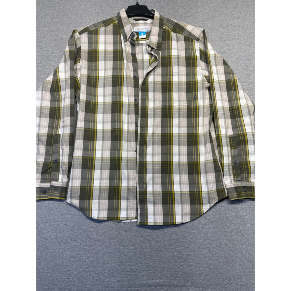 Men's Columbia Button Down Shirt Size M Green Plaid Long Sleeve